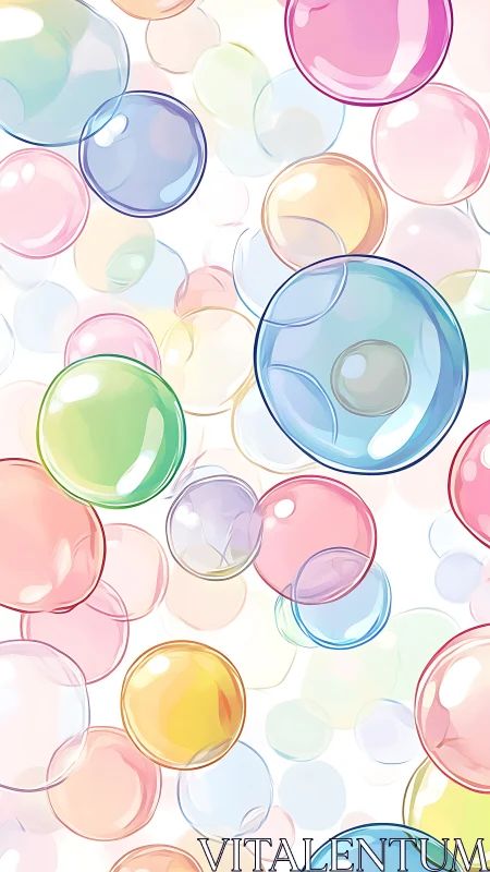 Colorful translucent bubbles float on clean white background.