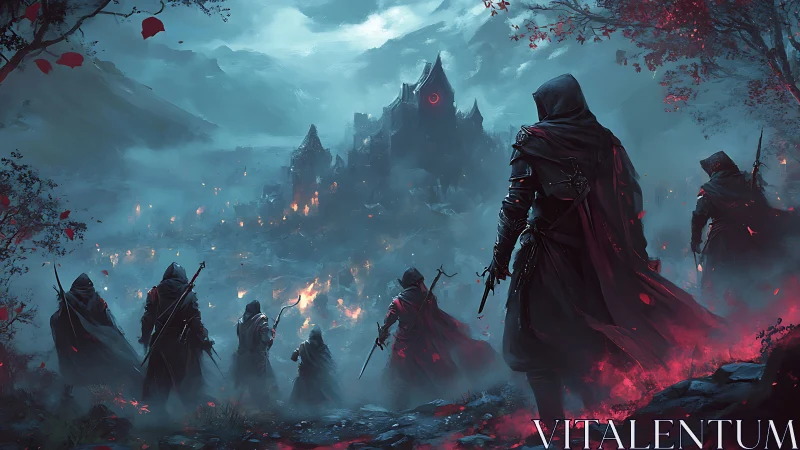 Shadowy warriors approach a burning, haunted mountain citadel.