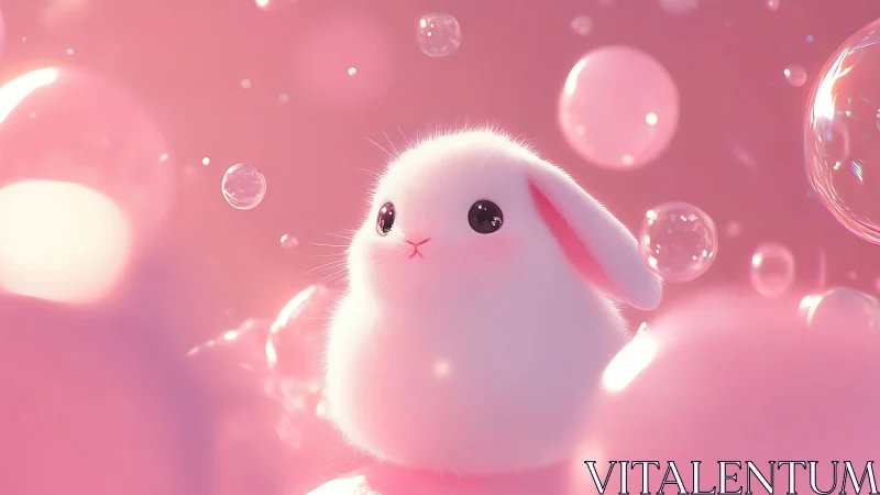 Digital painting of fluffy pink bunny in luminous bubblescape.