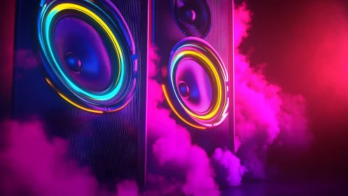 Neon party speakers pulse with vibrant color in hazy smoke