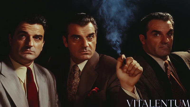 Three intense men in suits share a smoky, suspenseful moment