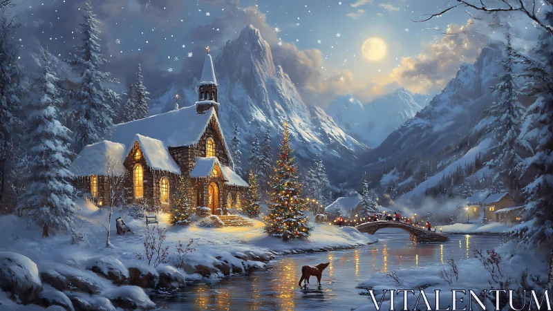 Snow covered chapel and village beside reflective river at night.