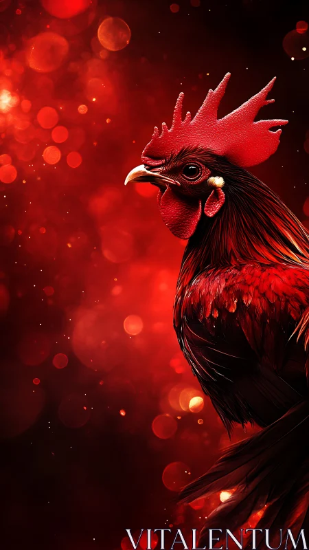 Red rooster profile on abstract bokeh background in red tones.
