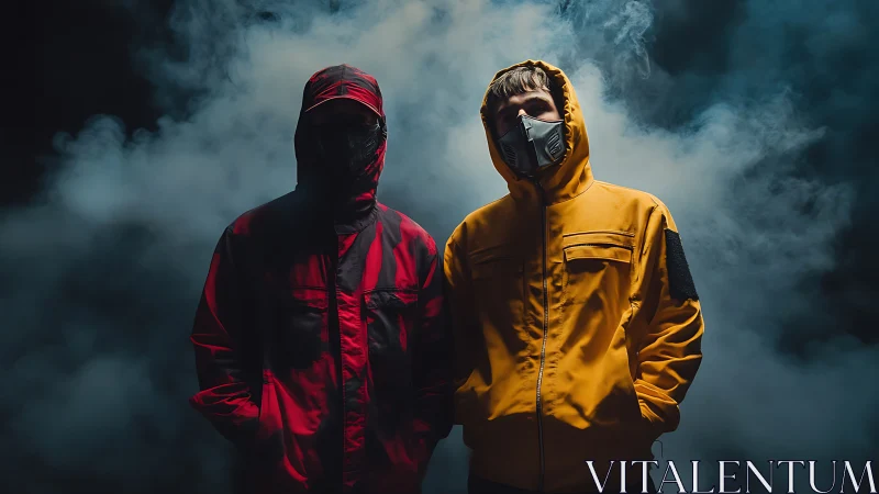 Hooded street figures in smoke with red and yellow jackets.