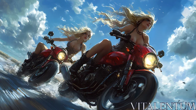 Twin riders surge through surf beneath a sweeping sky.