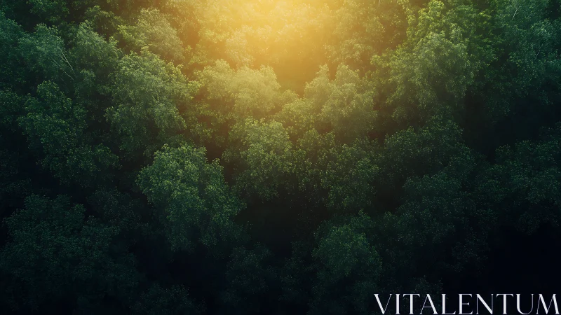 Aerial forest canopy with directional sunlight penetration.