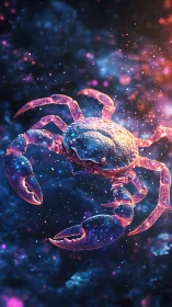 Cosmic crab rendered in glowing neon galaxy tones.