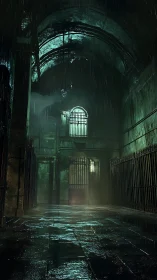 Rain-drowned prison arcade where emerald gloom keeps watch.