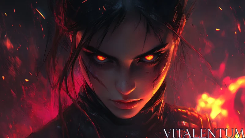 Fiery-eyed warrior emerges from infernal embers in focus.