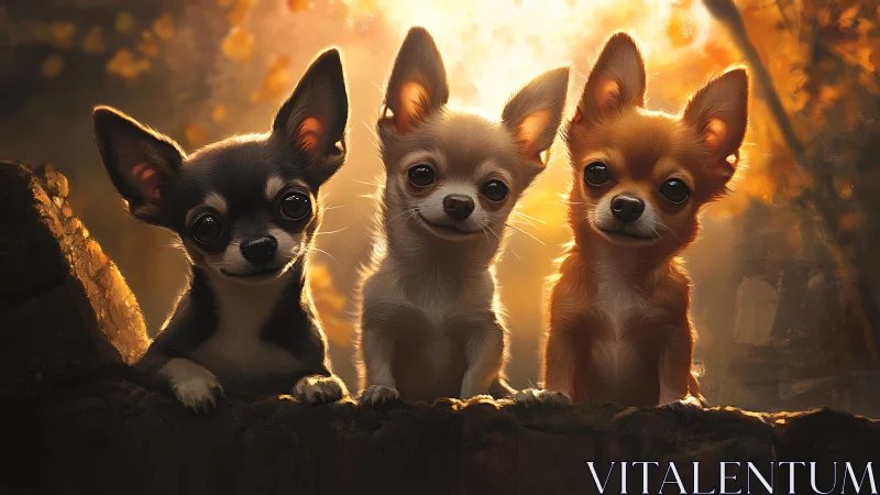 Backlit trio of chihuahuas rendered in warm digital realism