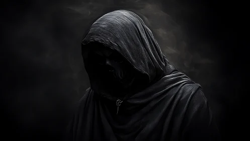 Shrouded reaper leans from the dark, swallowing stray light