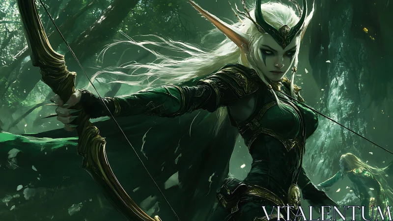 Forest elf archer poised in emerald armor and moonlit mist.