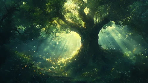 Luminescent Forest Canopy with Crepuscular Rays and Ancient Arboreal Structure.