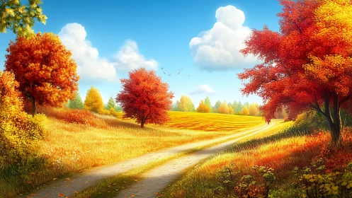 Golden country path winds through bright, welcoming autumn fields
