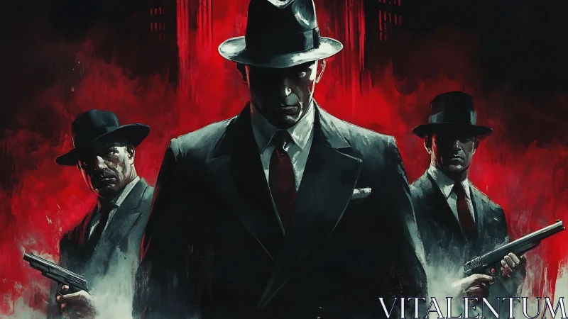 Three armed mobsters in suits against intense red backdrop.
