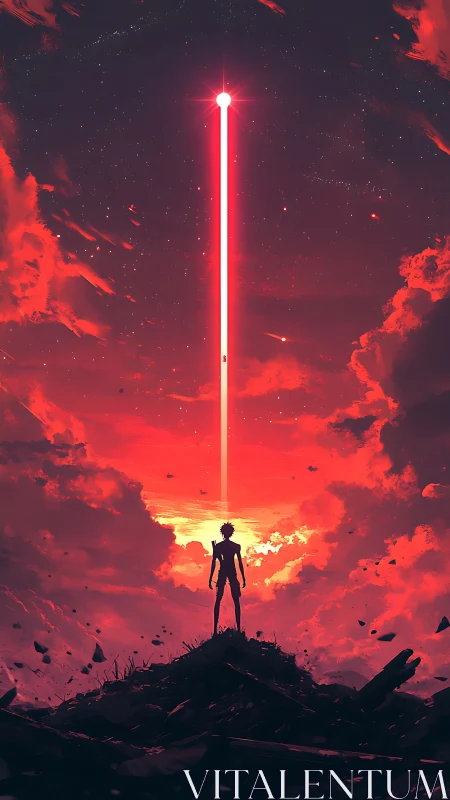 Lone wanderer gazes at a blazing red beam of destiny.