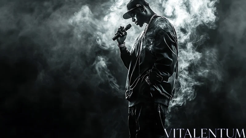 Backlit hip-hop vocalist emerges from dense atmospheric smoke