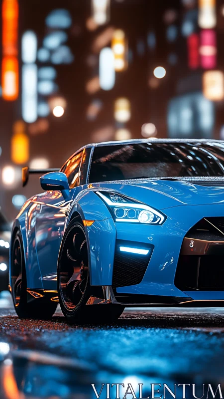 Sleek blue sports car glows against vibrant neon city lights