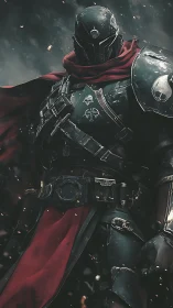 Battle-hardened space knight stands ready in stormy embers