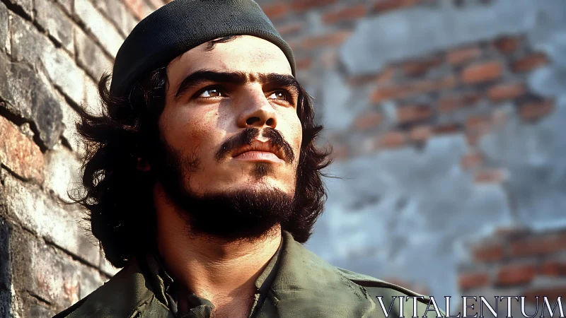 Thoughtful young man in military attire gazes past brick wall