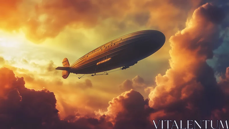 Dirigible silhouette traversing volumetric sunset cloudscape.
