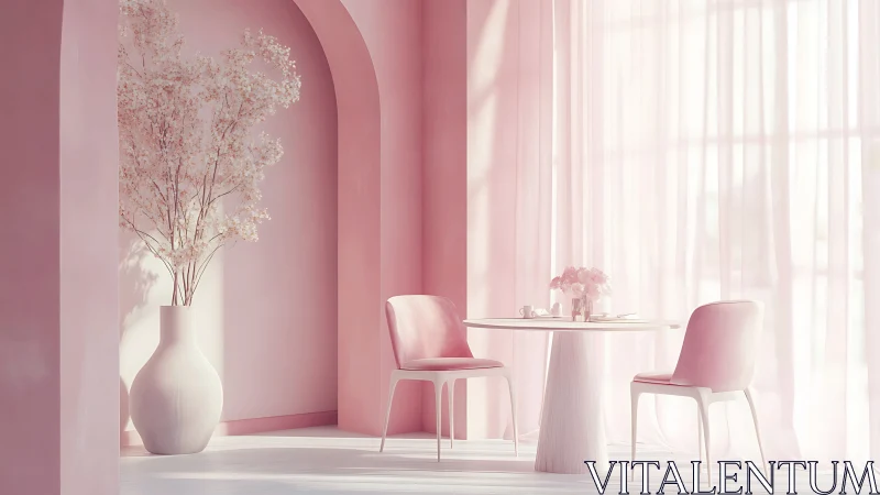 Soft pink dining nook with minimalist modern décor.