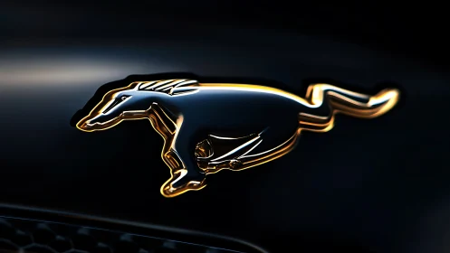 Chrome running horse emblem glows against deep black body