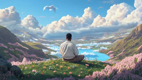 Solitary figure on floral ridge above expansive valley basin.