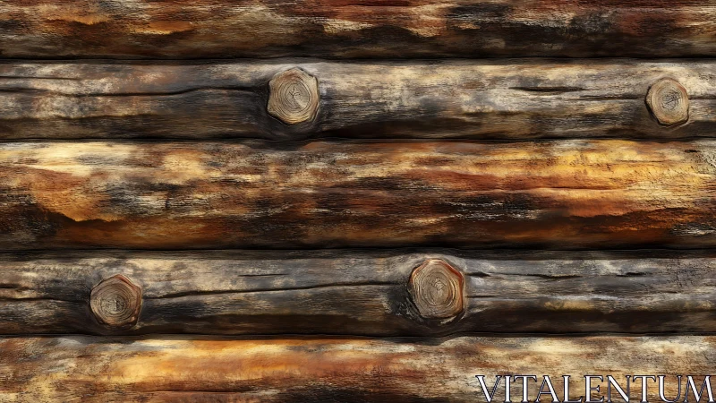 Horizontal stacked wooden logs show weathered surface texture