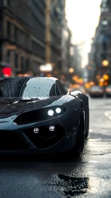 Black supercar idles on wet city street at dusk
