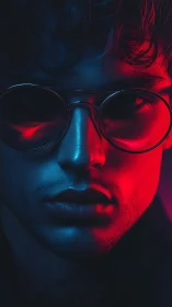 Neon-lit portrait merges blue and red light on sunglasses.