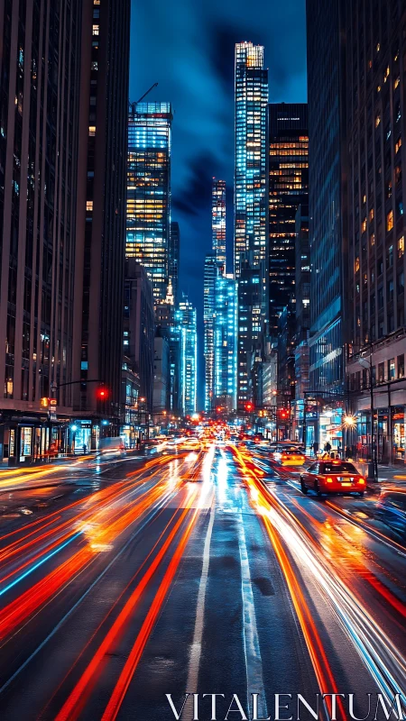 Long exposure captures neon traffic trails in dense urban canyon