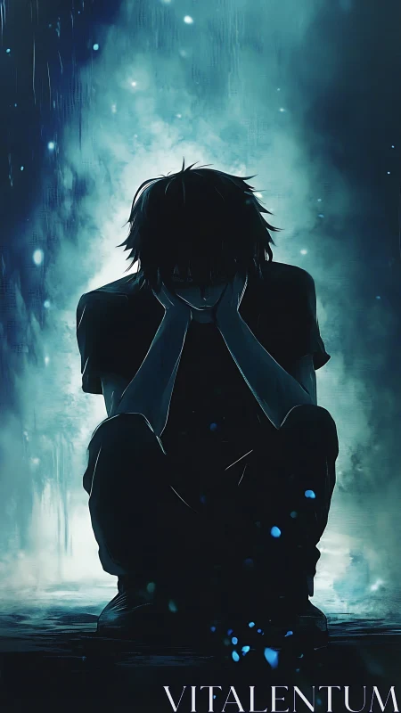 Silhouetted boy crouches in blue light with introspective tension