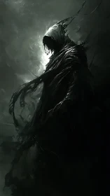 Hooded shadow wraith emerges from swirling darkness