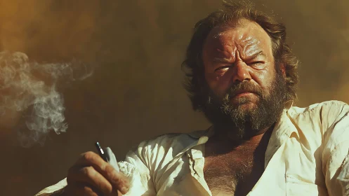 Sunburned drifter squints through smoke and desert heat haze