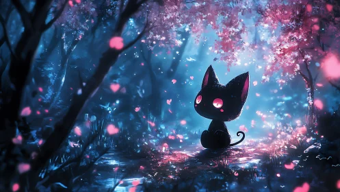Digital painting of glowing-eyed cat in luminous sakura grove.