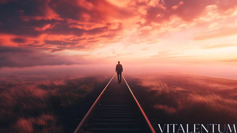 Solitary figure on tracks beneath blazing twilight sky.
