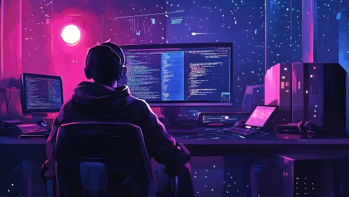 Cyberpunk workstation with neon coder under violet skyline.