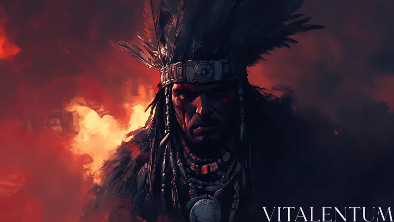 Warrior chief portrait ignites storm-lit scarlet smoke.