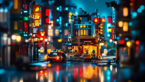 Neon drenched lego city street with rainy night reflections.