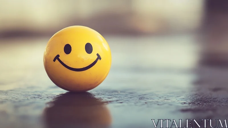 Yellow smiley face ball on wet reflective surface in focus.