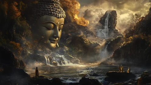 Colossal Buddha visage amid misty waterfalls and monks.