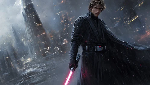 Dark warrior with red energy blade in rainy megacity storm.