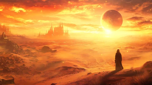 Cloaked figure overlooks alien desert city under glowing planet