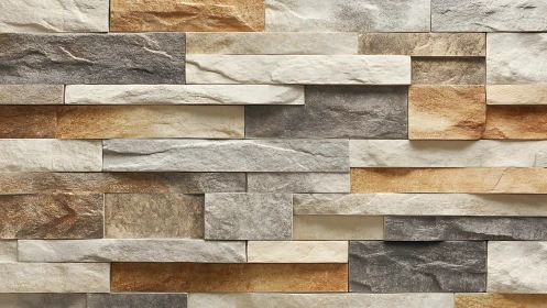 Modern stacked stone wall with neutral earth tones, realistic texture.