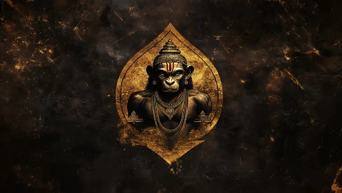 High-contrast golden simian deity bust within textured teardrop frame