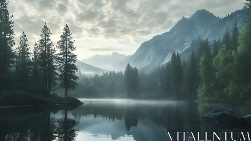 Mist-draped pines whisper across a silver mountain lake