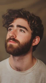 Gentle gaze turned skyward in soft golden portrait light.