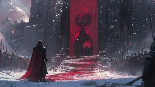 Crimson warlord before the bloodlit fortress gates.