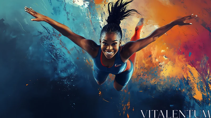Dynamic female athlete diving across bold paint colors.